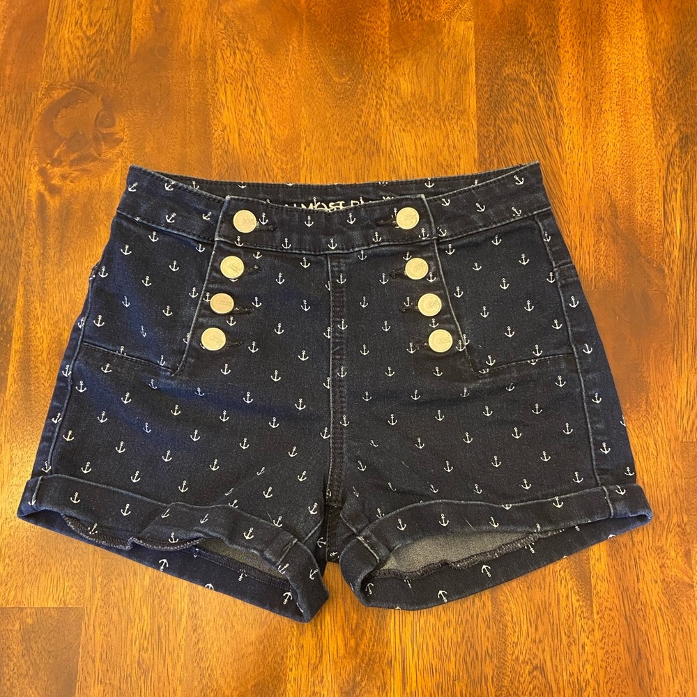 Navy Blue Anchor Print Jean Shorts